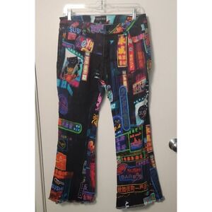 Dolls Kill Current Mood Midnight‎ City Flared Jeans Ramen Neon Cat Large Cotton
